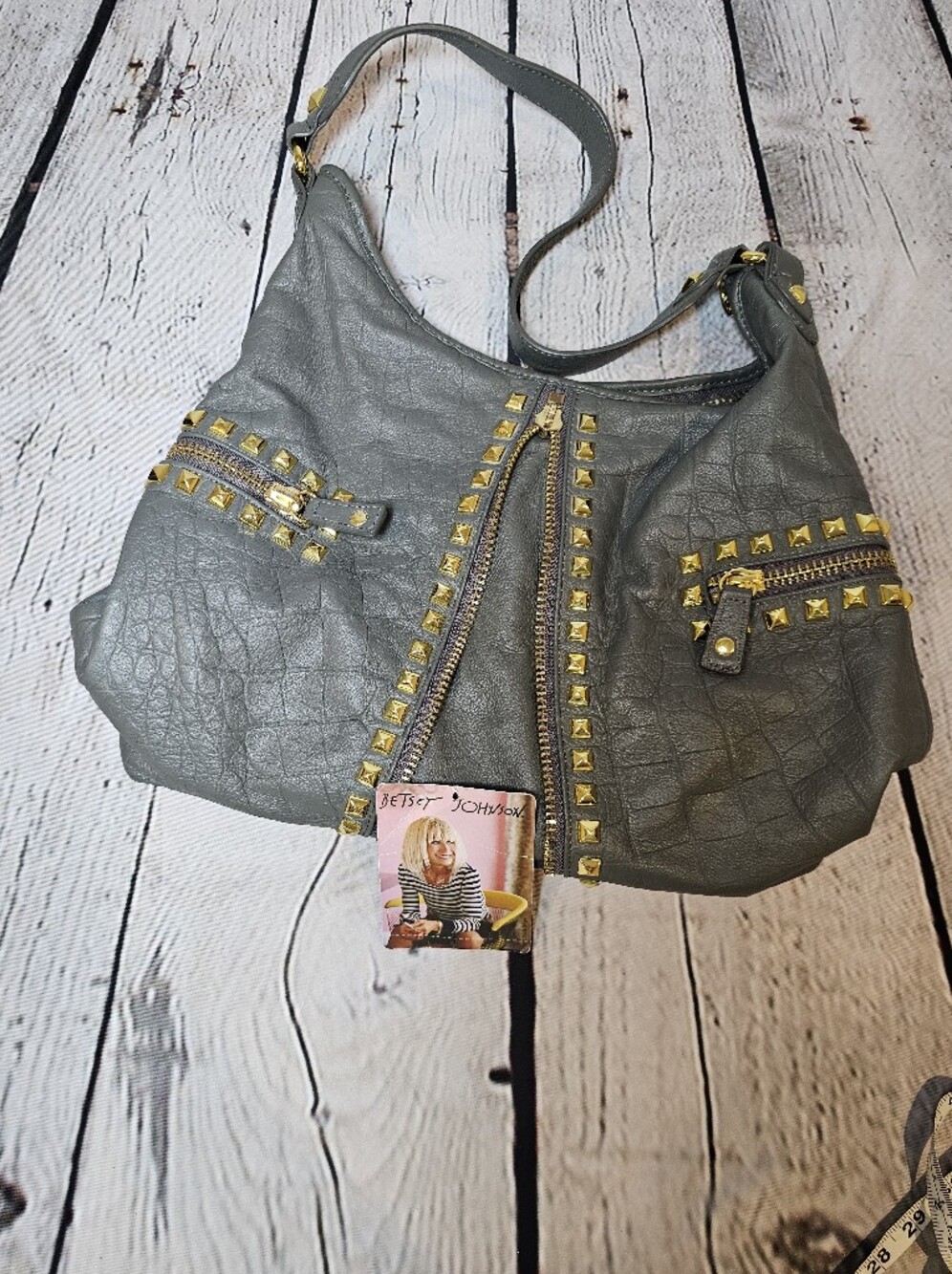 Betsey Johnson Y2K Gray Leather Studded Hobo Bag - Picture 11 of 12